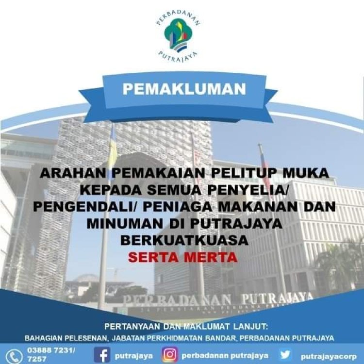 Perbadanan Putrajaya wajibkan pelitup muka kepada pengendali makanan, minuman