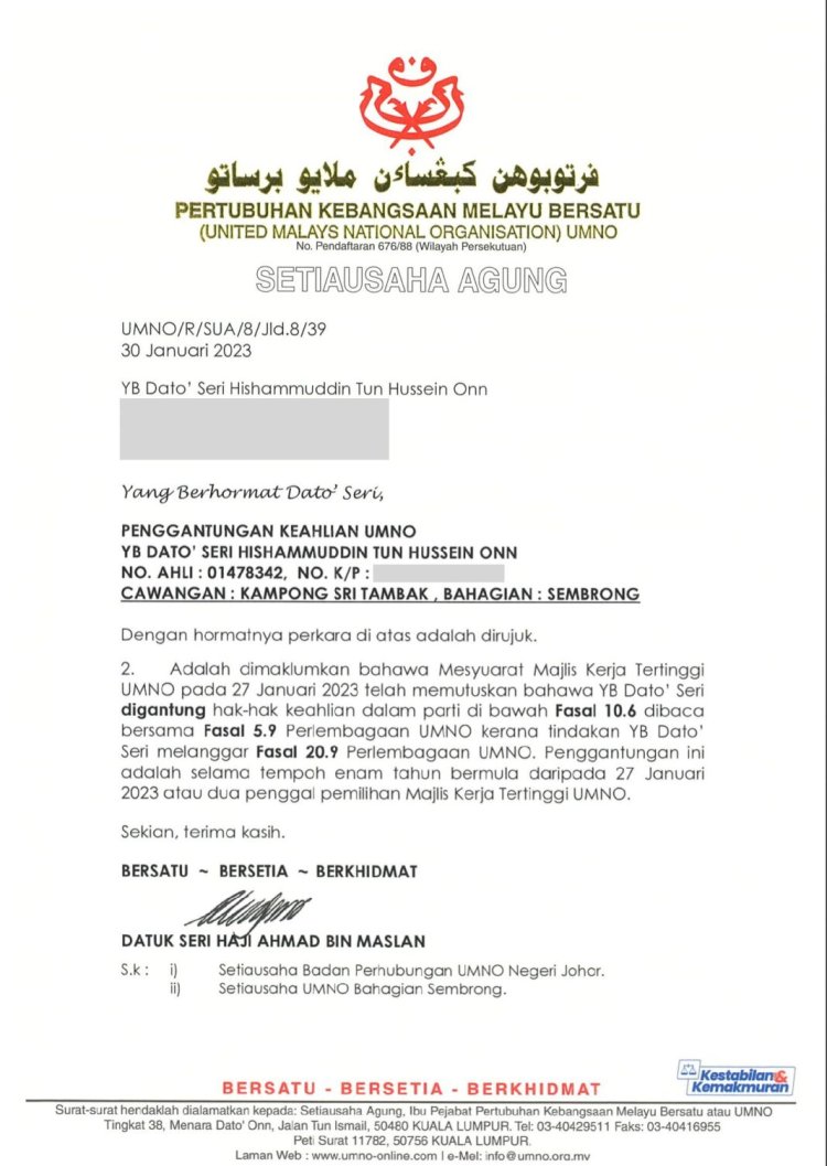 Hishamuddin kongsi surat penggantungan keahlian UMNO