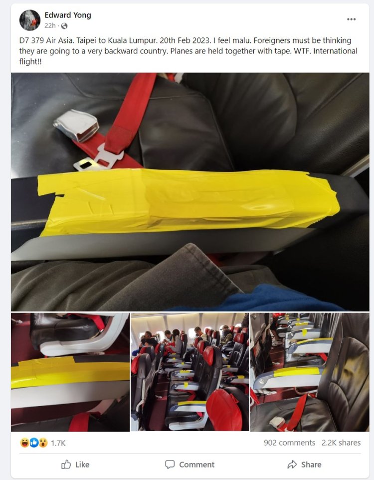 Kerusi pesawat Air Asia rosak, hanya bertutup pita pelekat